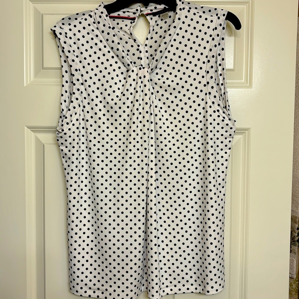 Tell me, Halfinger sleeveless white and navy polkadot XLG polyester,spandex